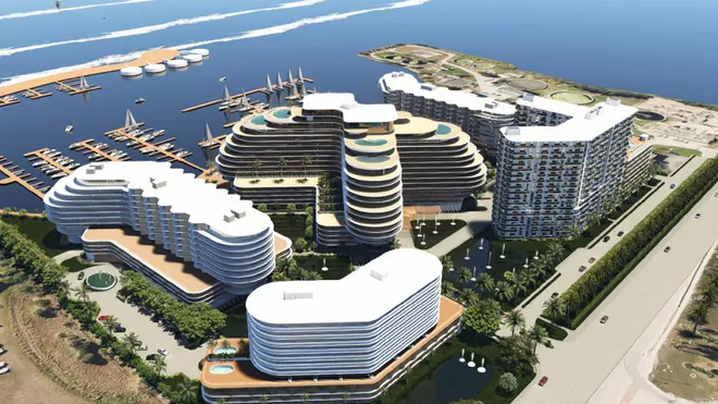 Rendering of the proposed Causeway Cove development: five high rise towers and a marina on Seaway Drive in Fort Pierce.